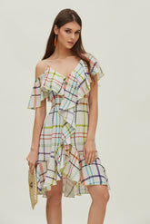 Vestido Volantes Hombro Estampado Multicolor