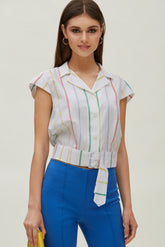 Chemise courte à ceinture en popeline et rayures
