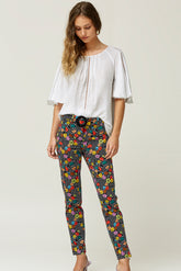 Bedrukte katoenen stretchbroek met splitzoom