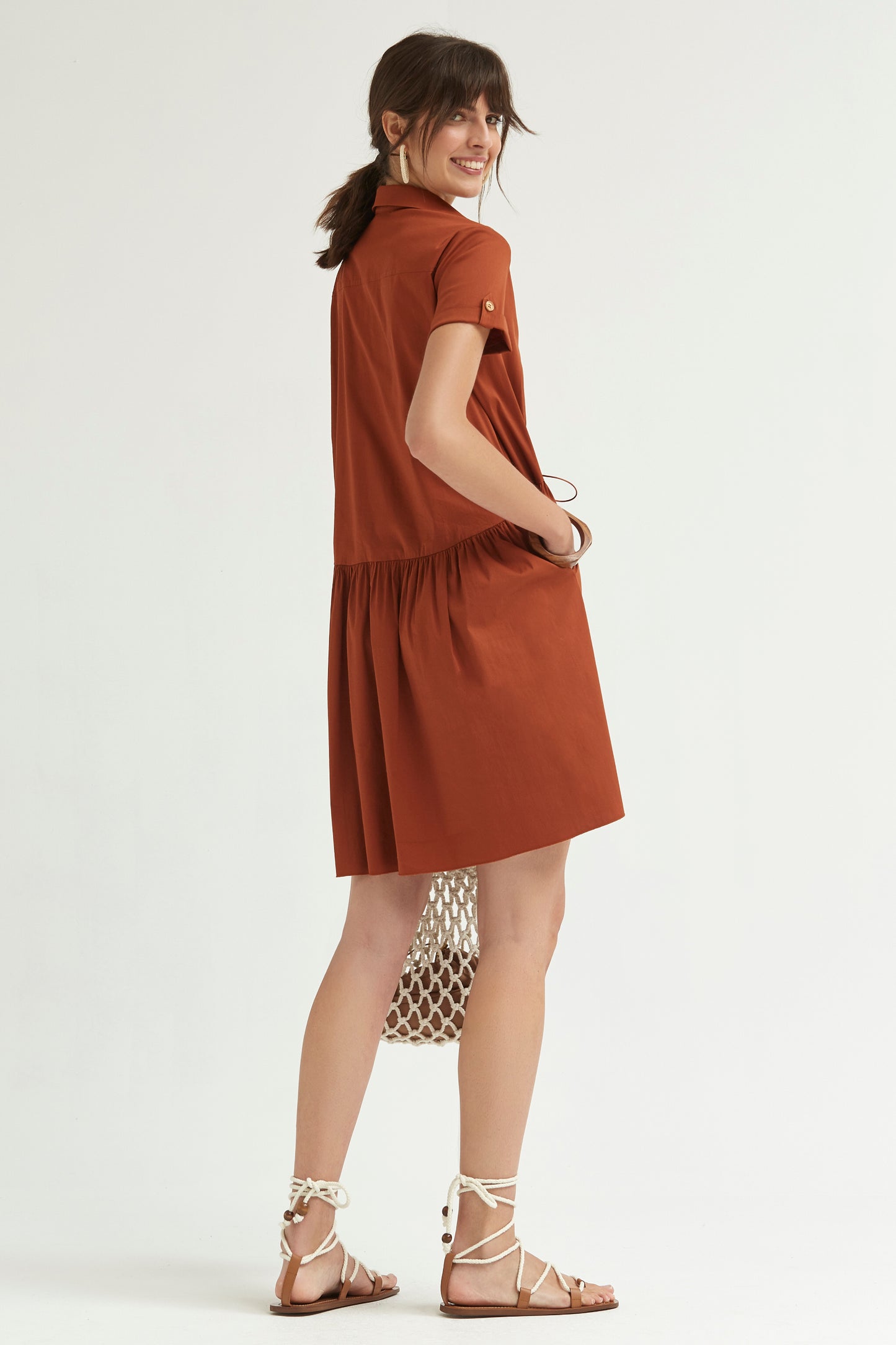 VESTIDO CAMISERO FRUNCIDO POPELÍN STRECH