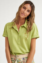 TEXTURED KNIT POLO SHIRT TURN-UP SLEEVE