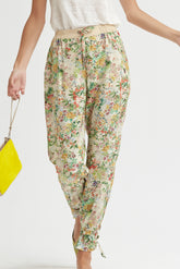 Viscose bloemenprint broek met strikband aan de zoom