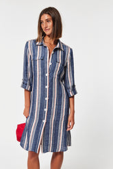 STRIPED LINEN BELVAR DRESS