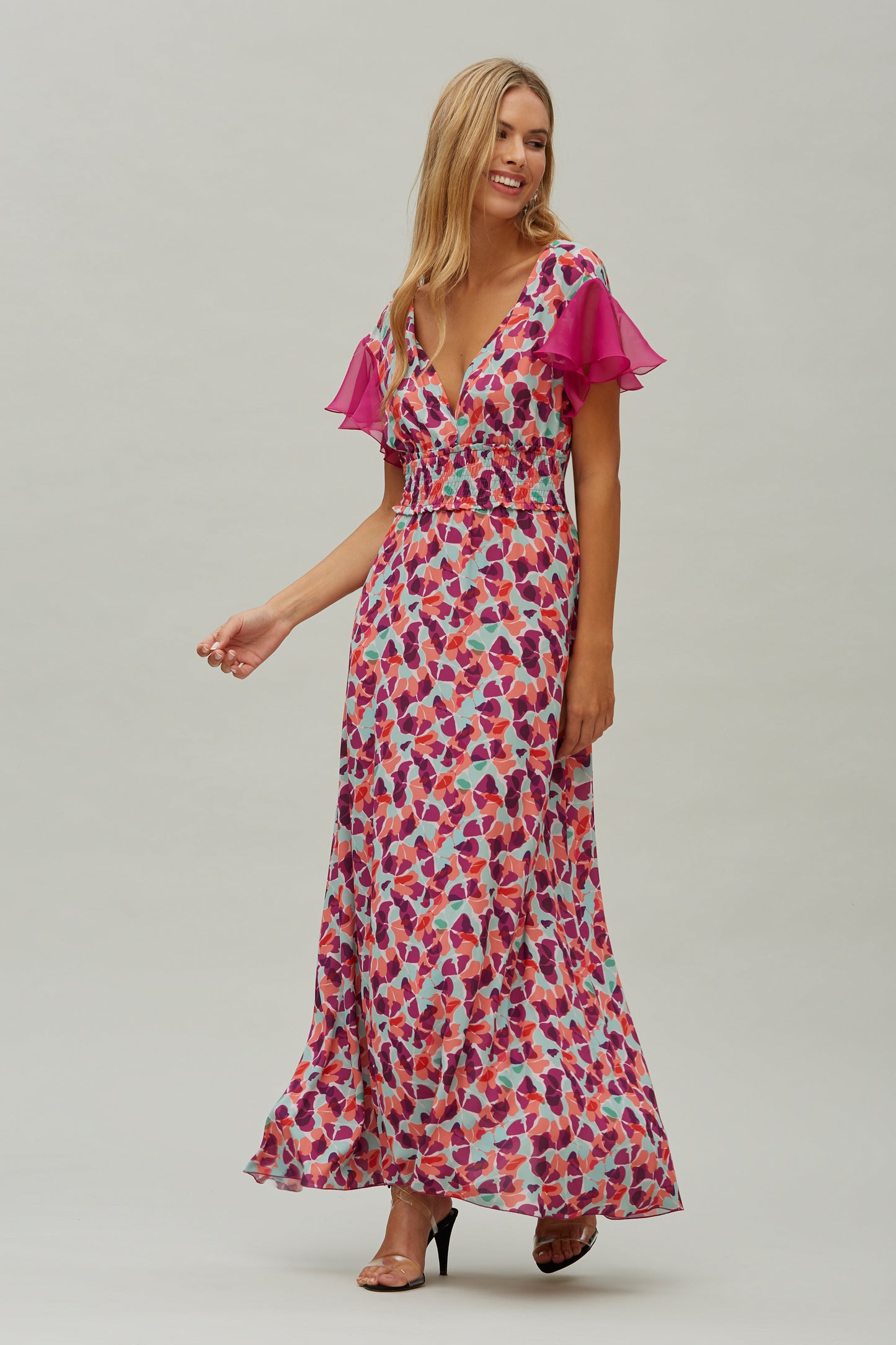 VESTIDO LARGO GOMAS GASA ESTAMPADA