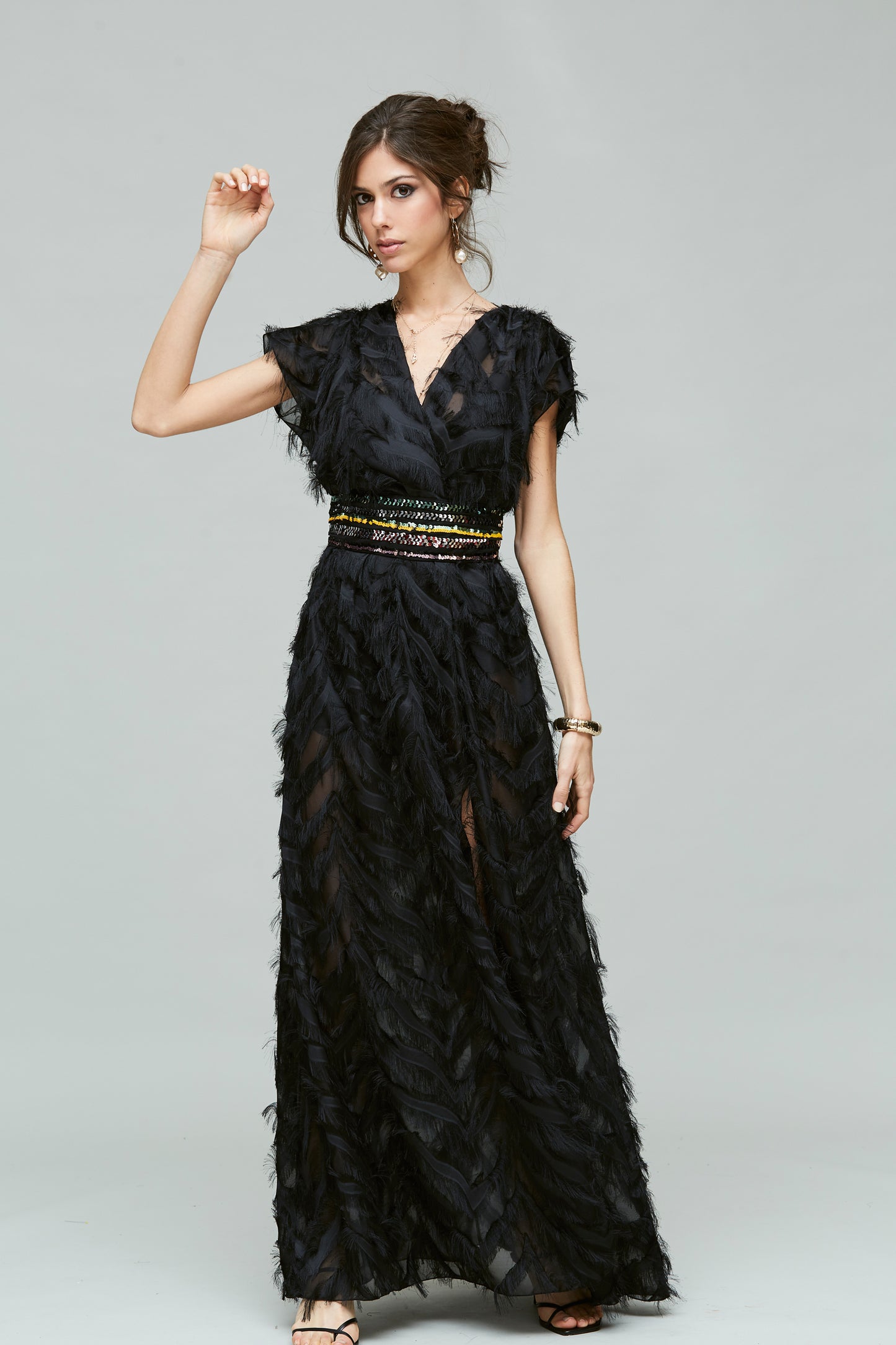 VESTIDO ESCOTE CRUZADO-GASA FLECOS