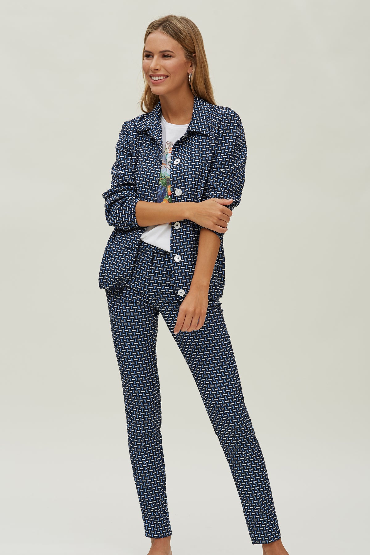 Pantalón Slim  Con Cremalleras Jacquard Elástico