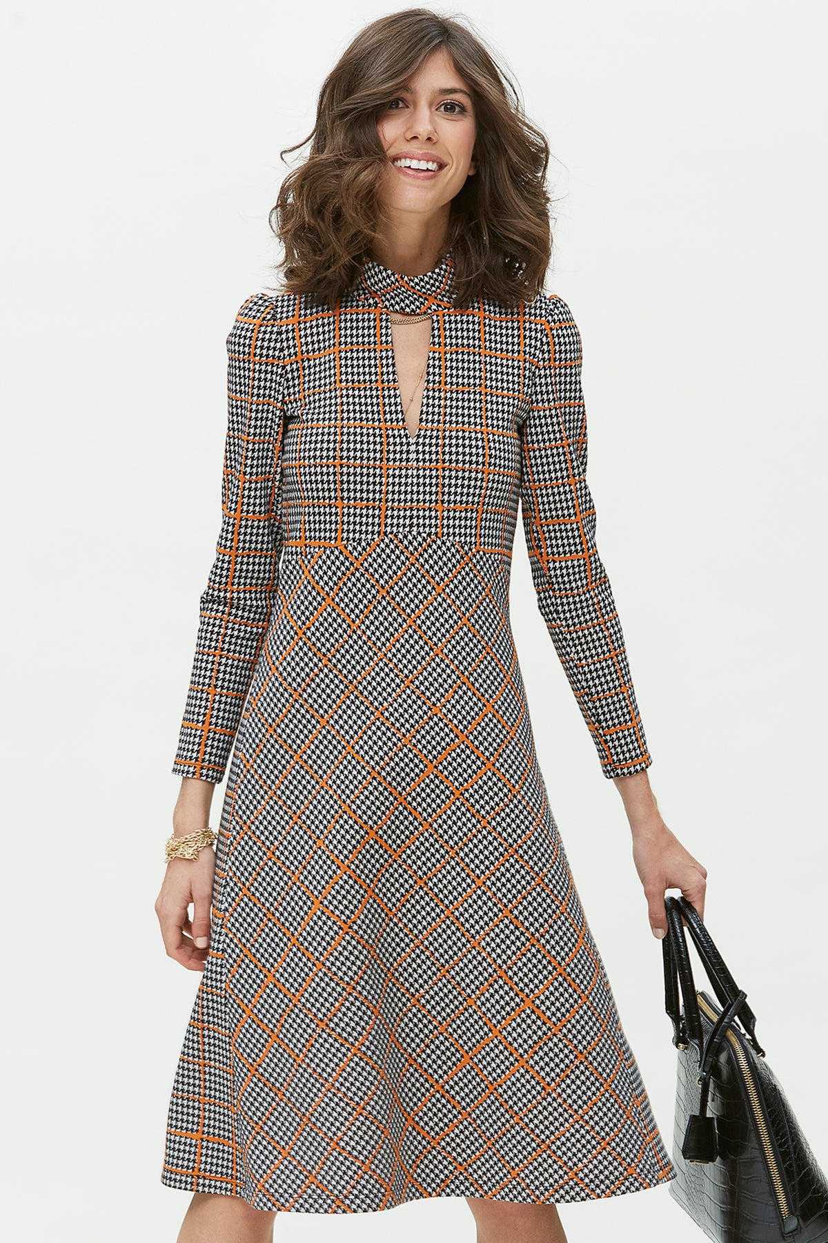 FITTED HOUNDSTOOTH  KNIT DRESS