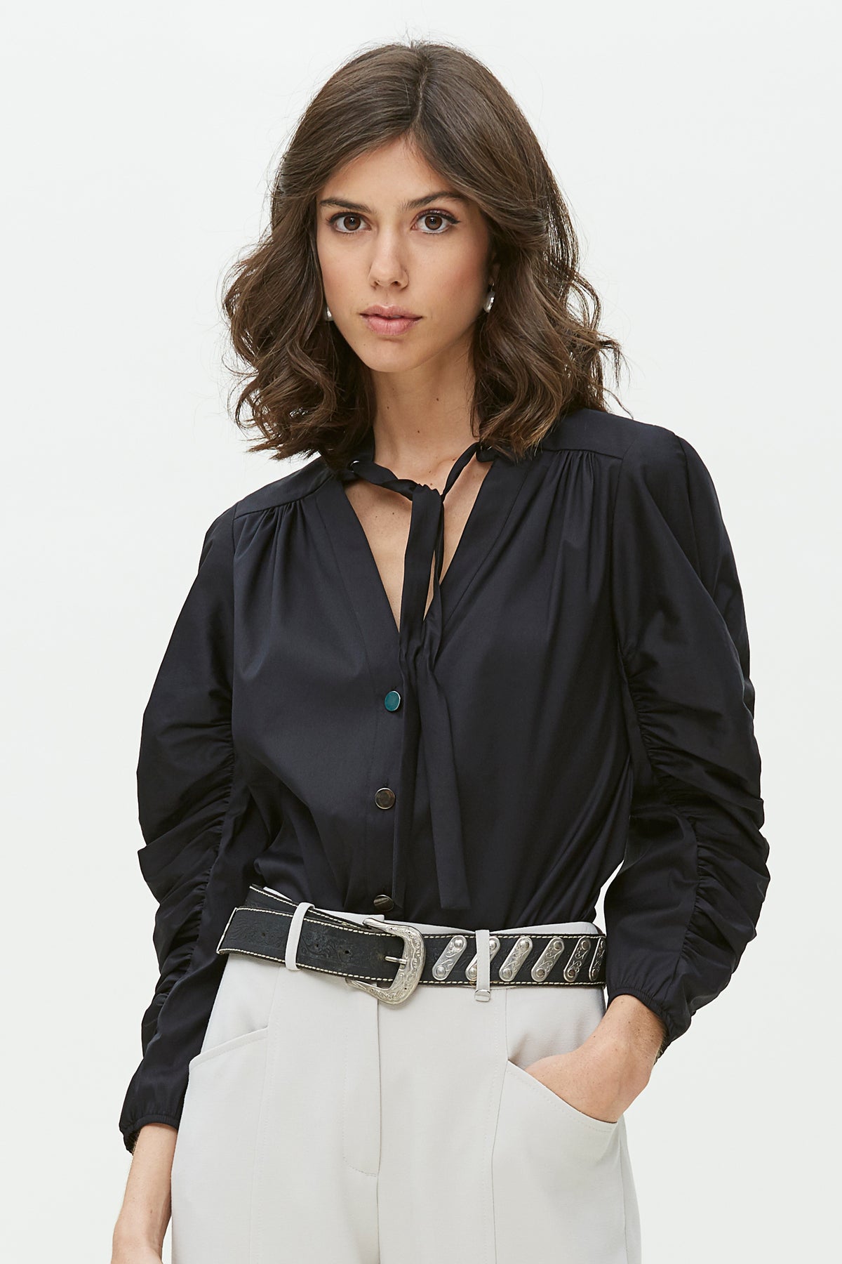 CAMISA MANGA DRAPEADA EN POPELIN STRETCH