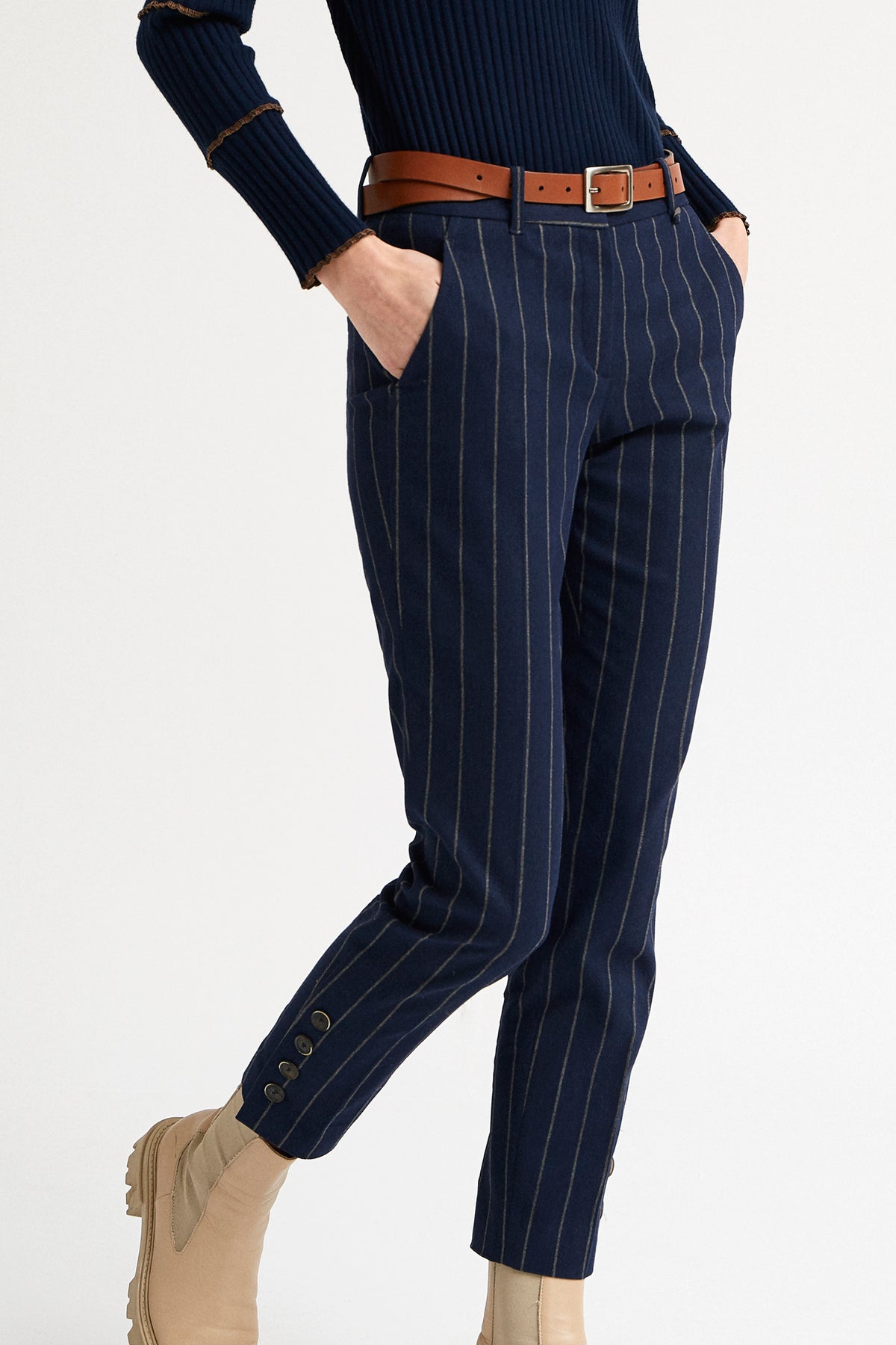 PINSTRIPE TAILORED TROUSERS WITH BUTTON AT HEMS