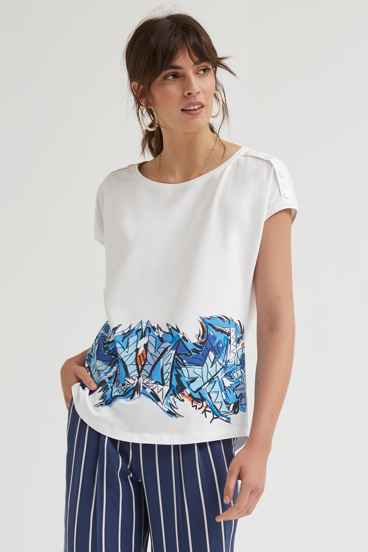 COTTON KNIT BUTTON SHOULDERS T-SHIRT