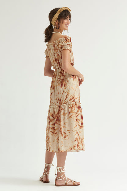 VESTIDO HOMBROS DESCUBIERTOS  TIE DYE CON RELIEVE