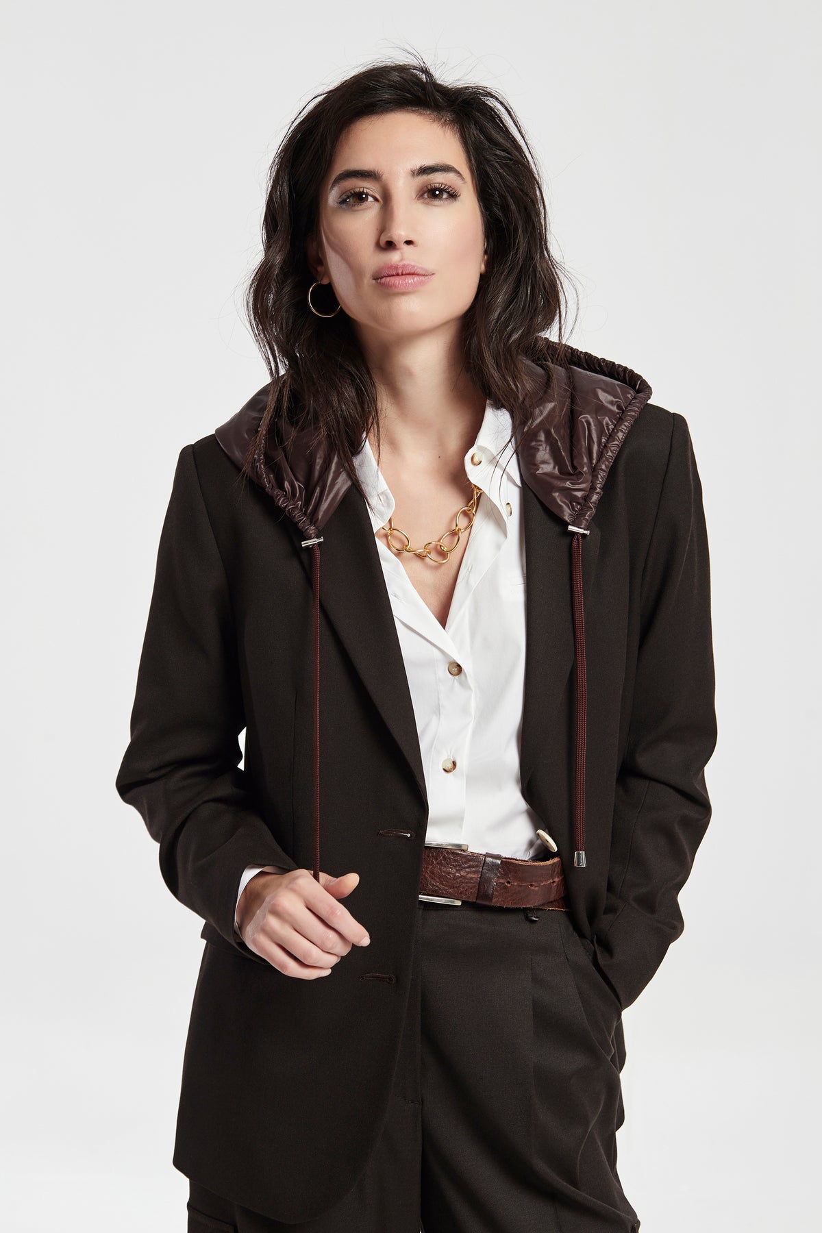 Chaqueta Amplia Con Capucha Plana Melange