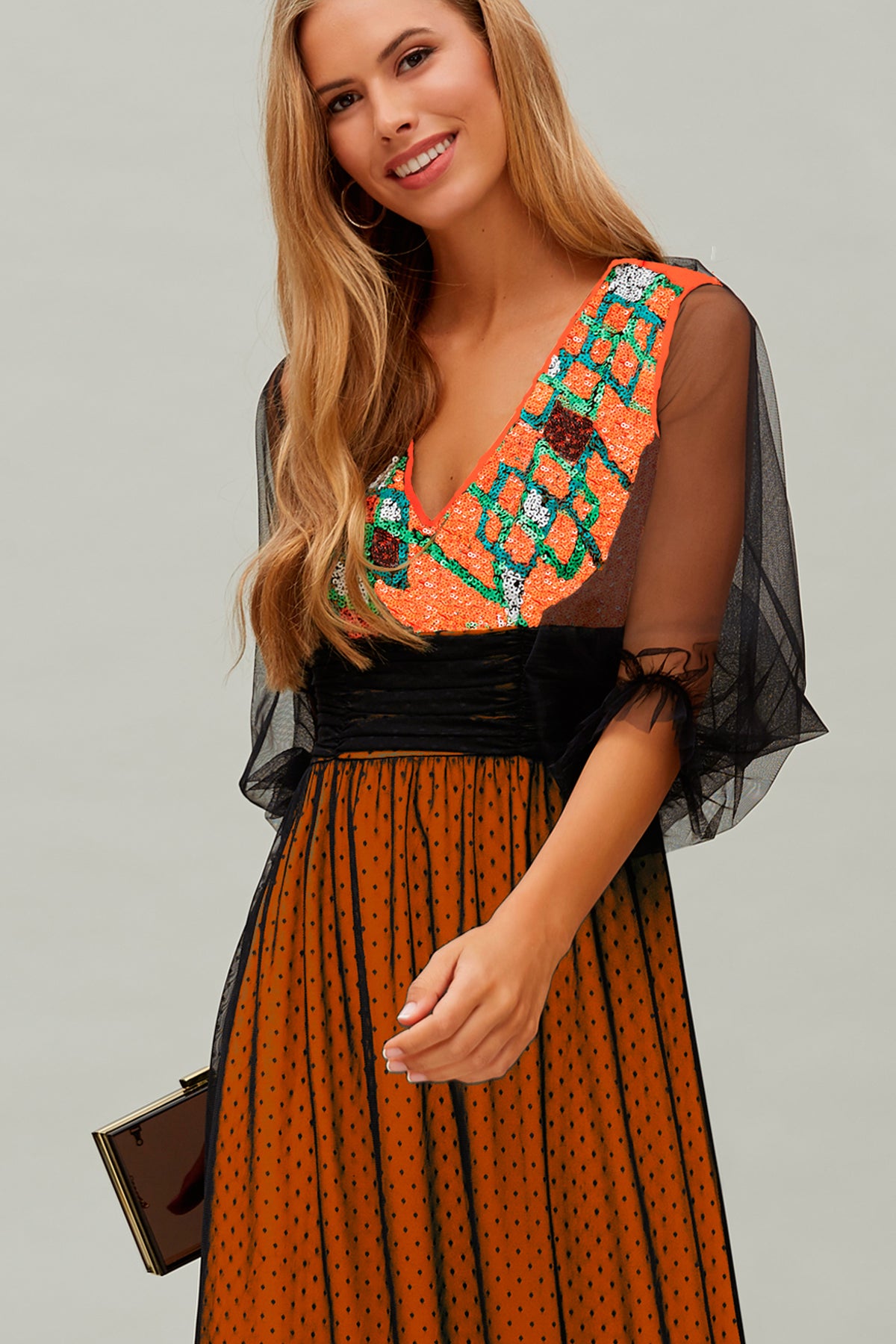 Vestido Largo Drapeado  Cintura Lentejuelas Multicolor