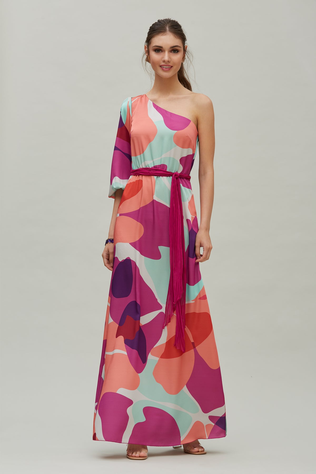 VESTIDO HOMBRO ASIMÉTRICO ESTAMPADO MULTICOLOR