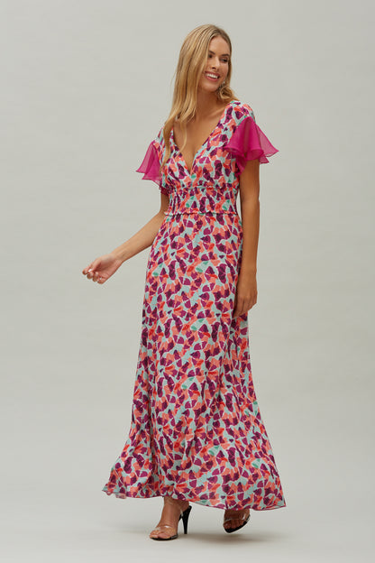 VESTIDO LARGO GOMAS GASA ESTAMPADA