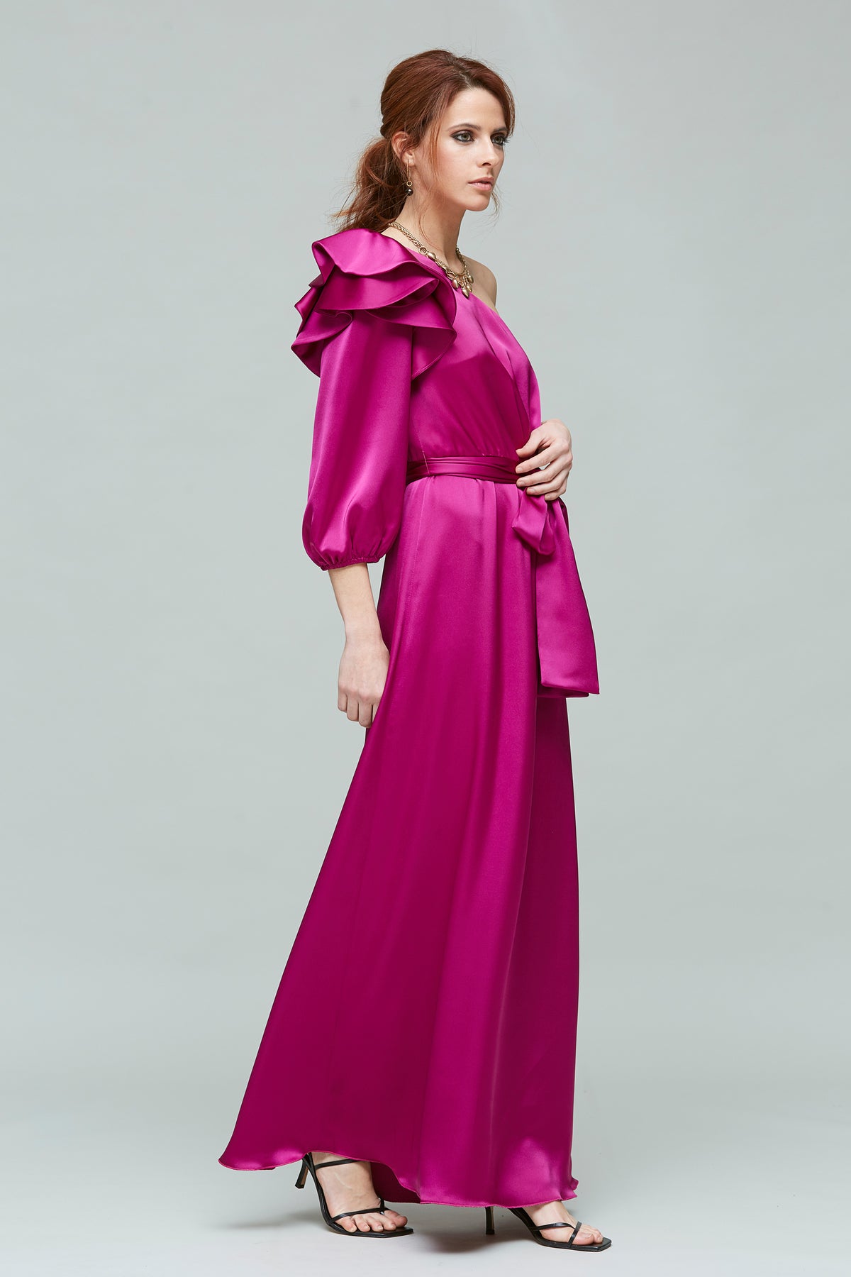 VESTIDO LARGO VOLANTE MANGA-RASO STRETCH