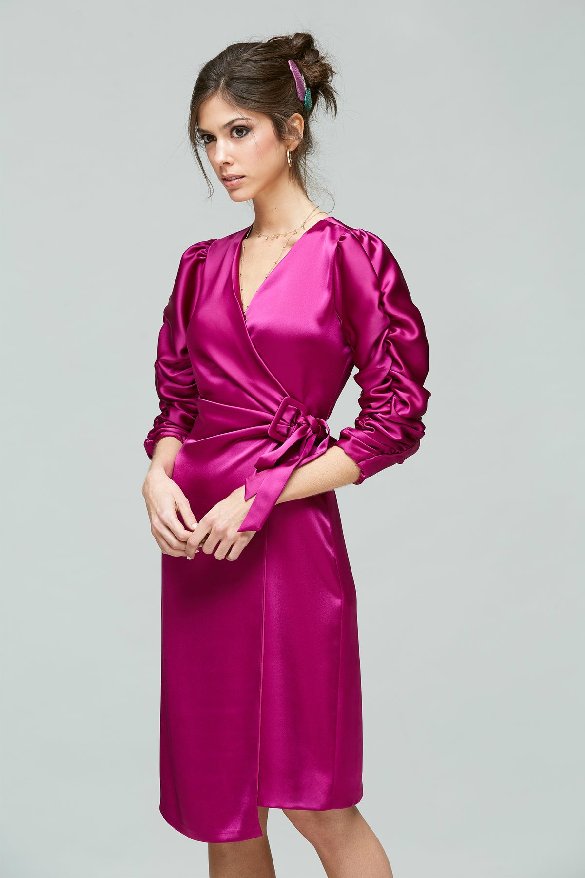 Vestido Mangas Fruncidas-Raso Stretch