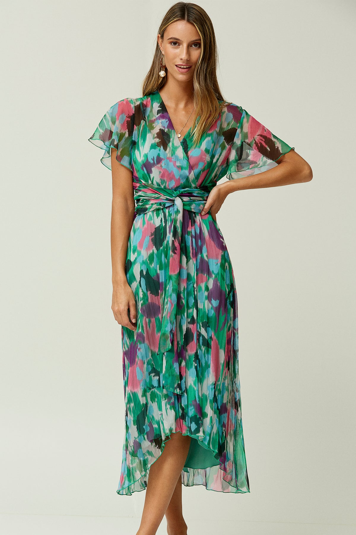 VESTIDO LAZO EN CINTURA GASA ESTAMPADA