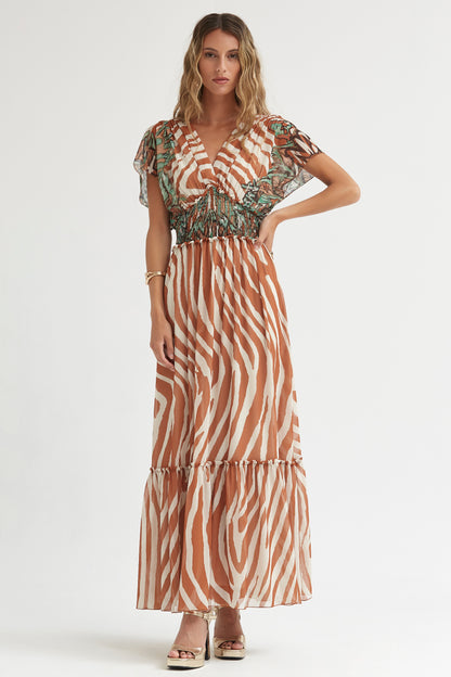 VESTIDO LARGO GOMAS EN CINTURA GASA ESTAMPADO GRAFITI
