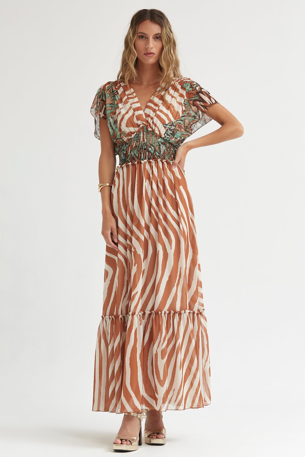 LONG GRAFFITI PRINT CHIFFON  DRESS WITH ELASTIC WAIST
