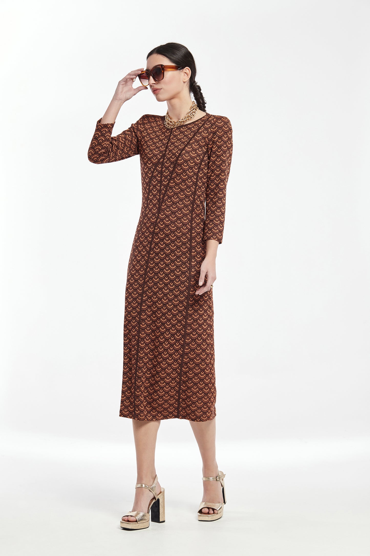PRINTING LUREX KNITWEAR DRESS WITH MARKED CUTS