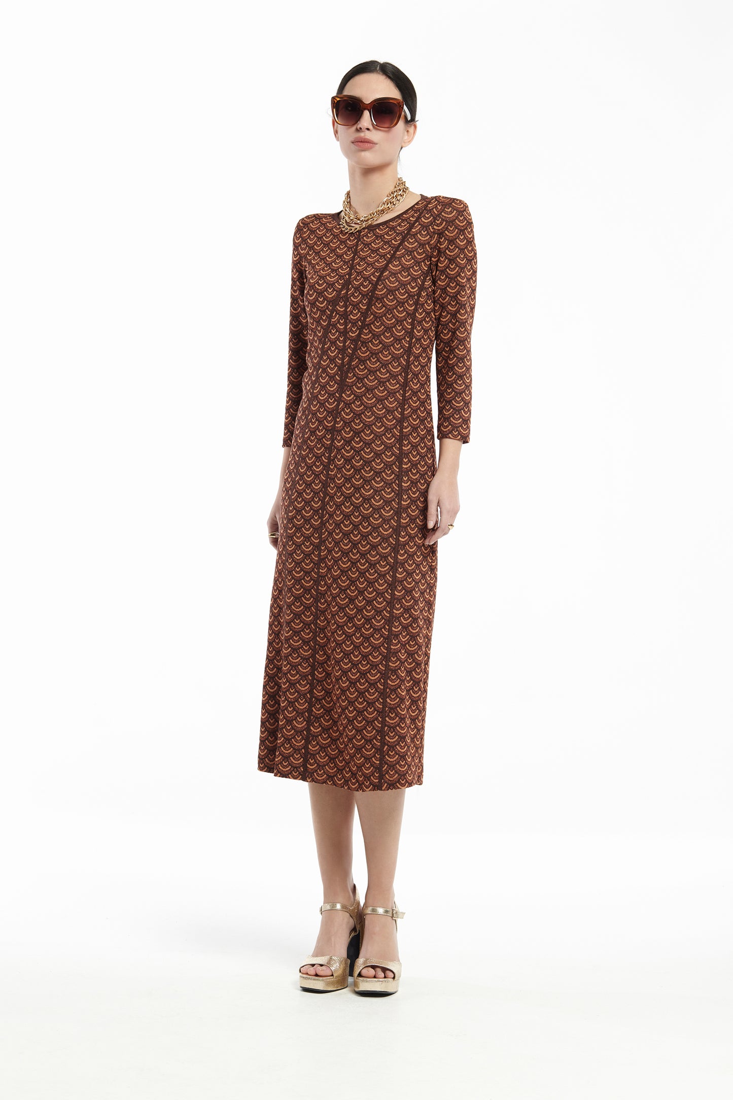 PRINTING LUREX KNITWEAR DRESS WITH MARKED CUTS
