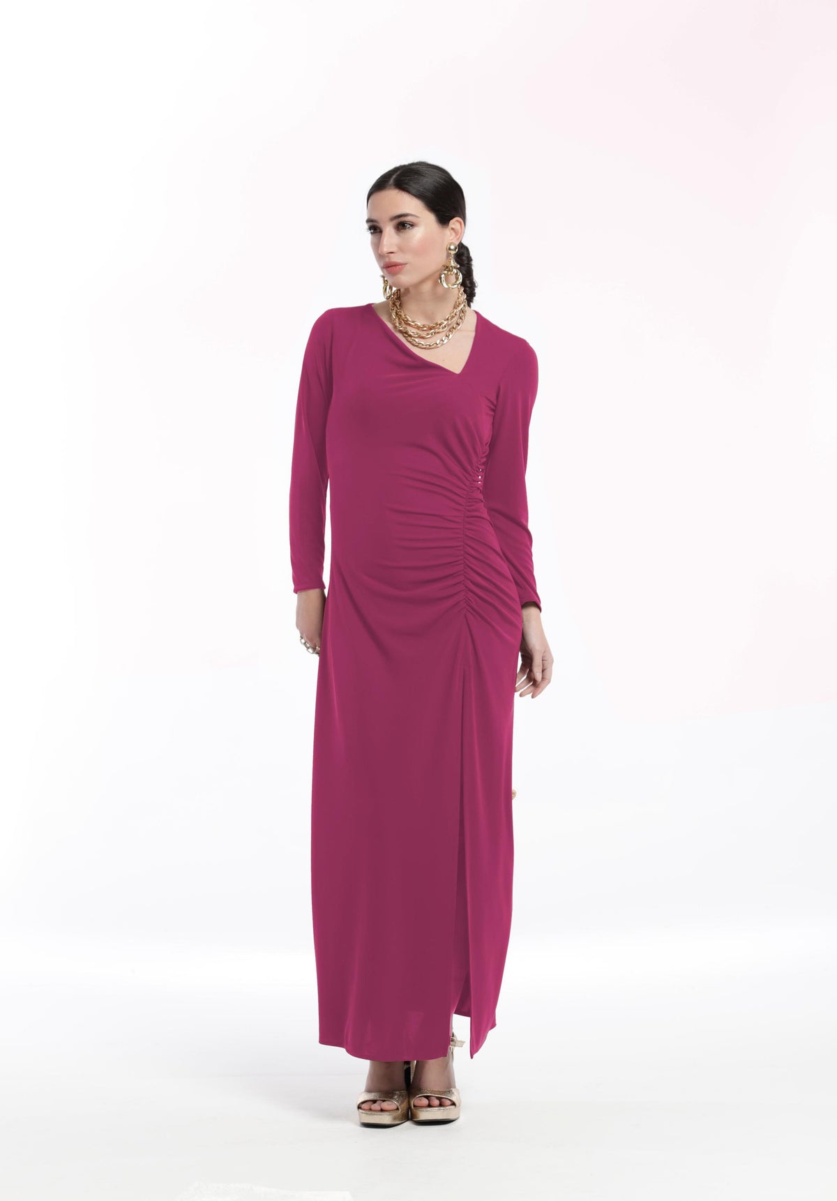 VESTIDO LARGO ESCOTE ASIMETRICO PUNTO LISO