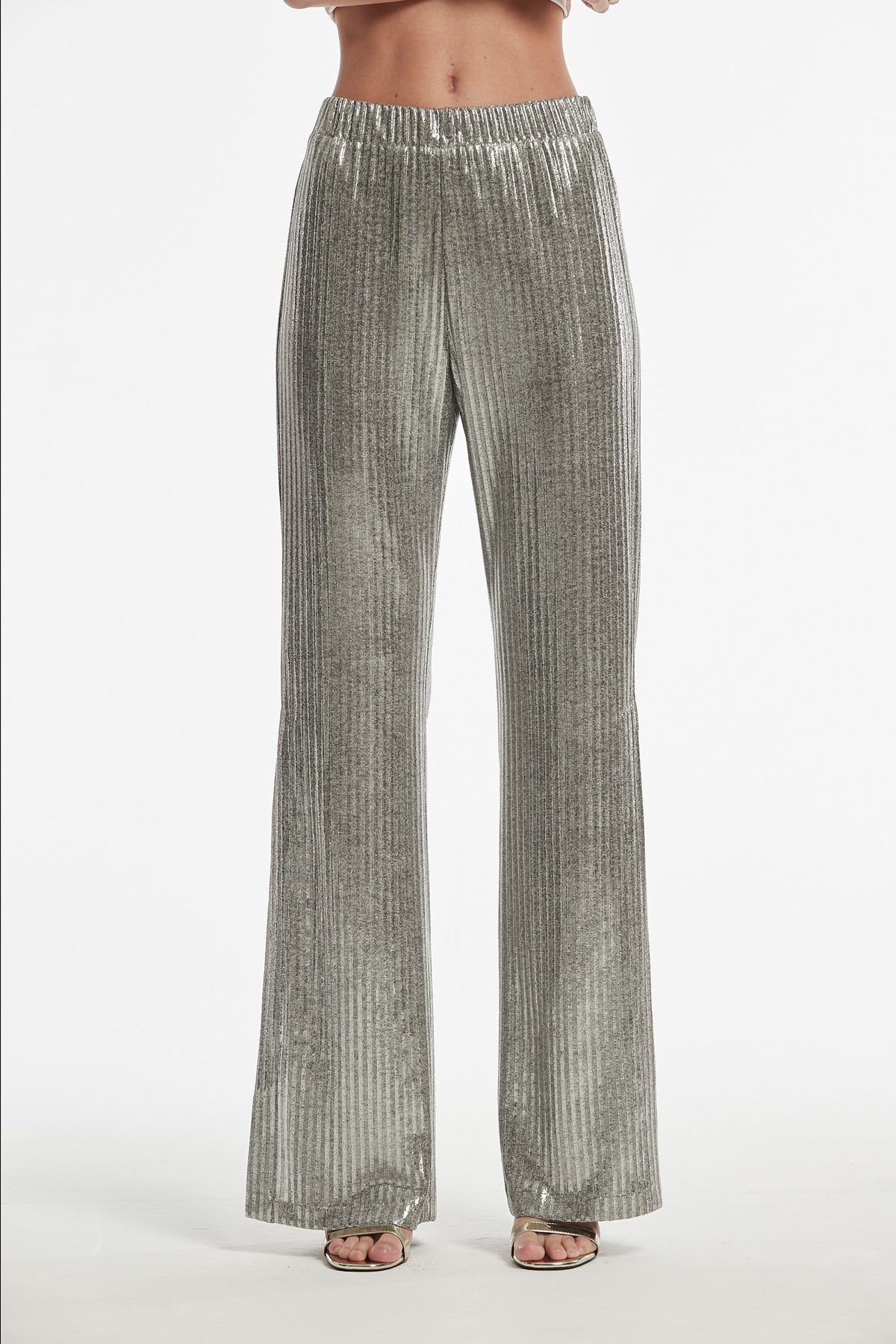SHINY LAMINATED RIBBON KNIT TORBA TROUSERS